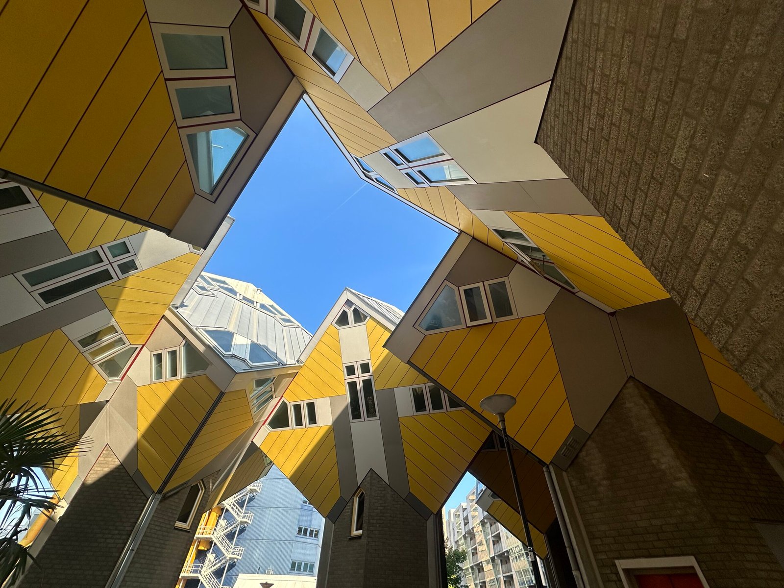 Gelbe Kubushäuser in Rotterdam aus der Froschperspektive